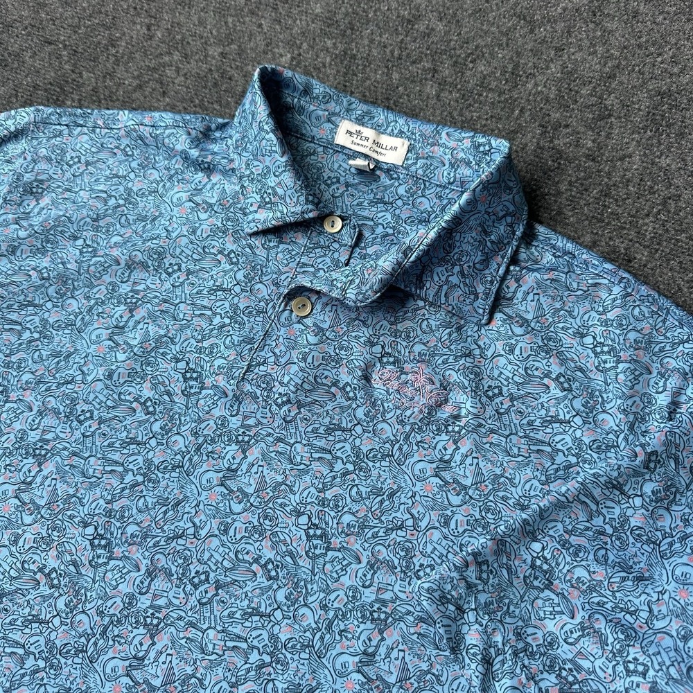 Peter Millar Summer Comfort Polo Shirt Youth XL Blue Guitar AOP Golf Palma Ceia